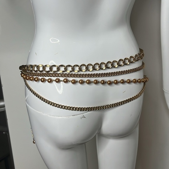 Gold Chain and Rose Pearl Drop Four Strand Adjustable Chain Belt